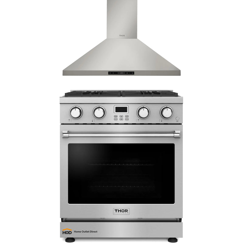 Thor Kitchen 2-Piece Appliance Package - 30-Inch Gas Range and Wall Mount Range Hood in Stainless Steel