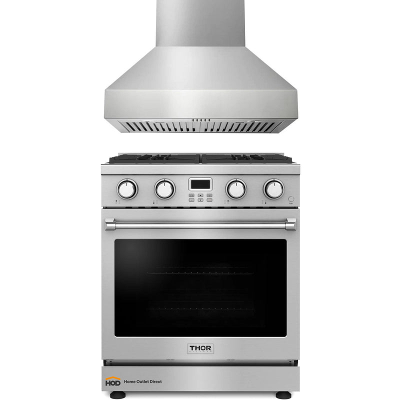 Thor Kitchen 2-Piece Appliance Package - 30-Inch Gas Range and Pro-Style Wall Mount Range Hood in Stainless Steel