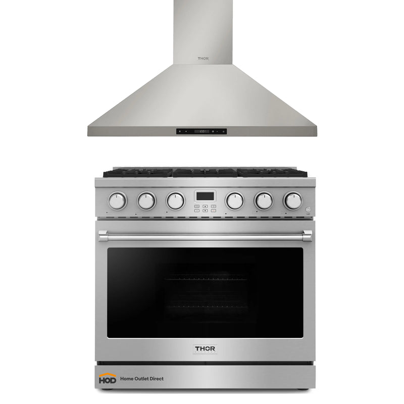 Thor Kitchen 2-Piece Appliance Package - 36-Inch Gas Range and Wall Mount Range Hood in Stainless Steel