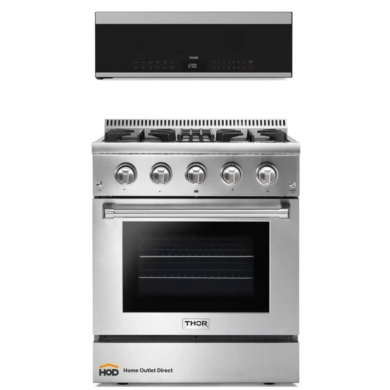 Thor Kitchen 2-Piece Appliance Package - 30-Inch Dual Fuel Range and Over-the-Range Microwave & Vent Hood in Stainless Steel