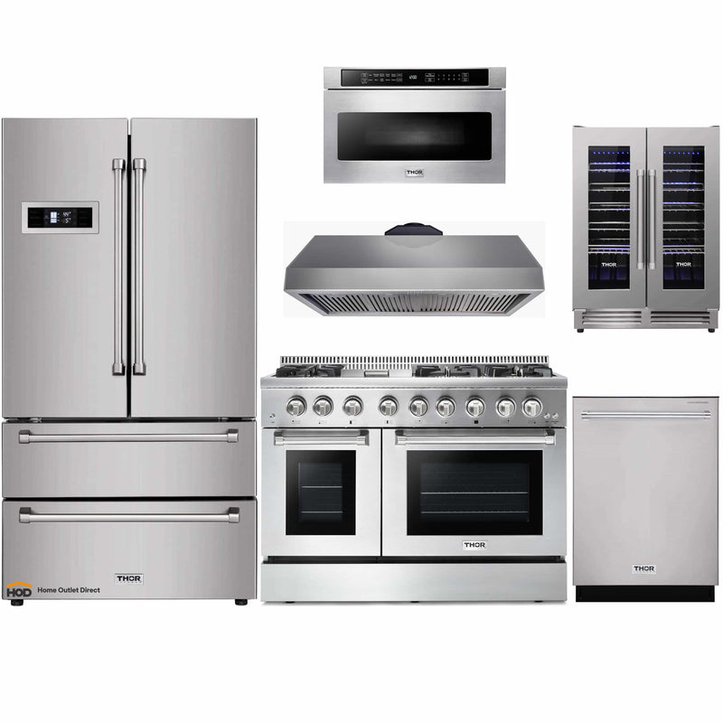 Thor Kitchen 6-Piece Pro Appliance Package - 48-Inch Dual Fuel Range, Refrigerator, Dishwasher, Under Cabinet 16.5-Inch Tall Hood, Microwave Drawer, & Wine Cooler in Stainless Steel