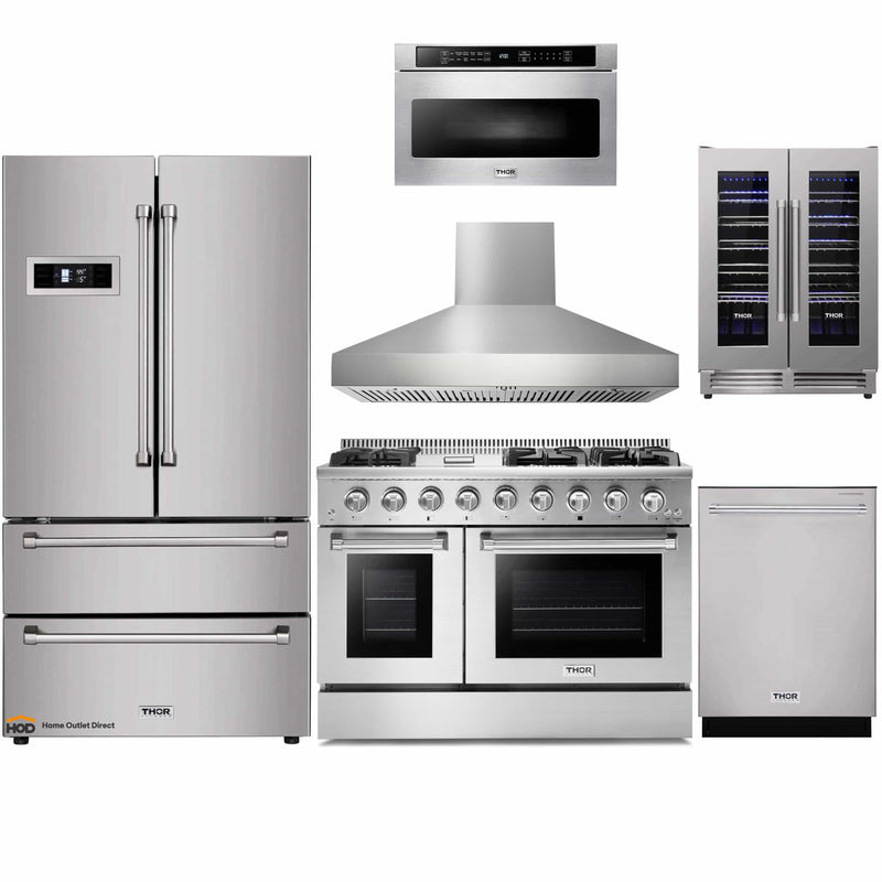 Thor Kitchen 6-Piece Pro Appliance Package - 48-Inch Gas Range, Refrigerator, Dishwasher, Pro Wall Mount Hood, Microwave Drawer, & Wine Cooler in Stainless Steel
