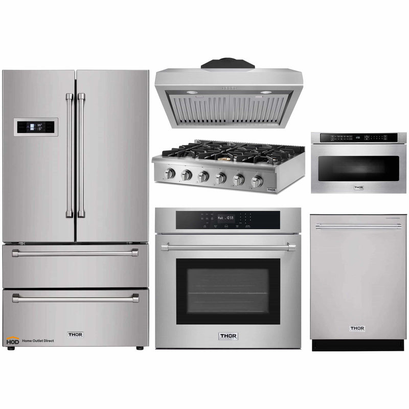 Thor Kitchen 6-Piece Pro Appliance Package - 36-Inch Rangetop, Electric Wall Oven, Under Cabinet Hood, Refrigerator, Dishwasher, & Microwave in Stainless Steel