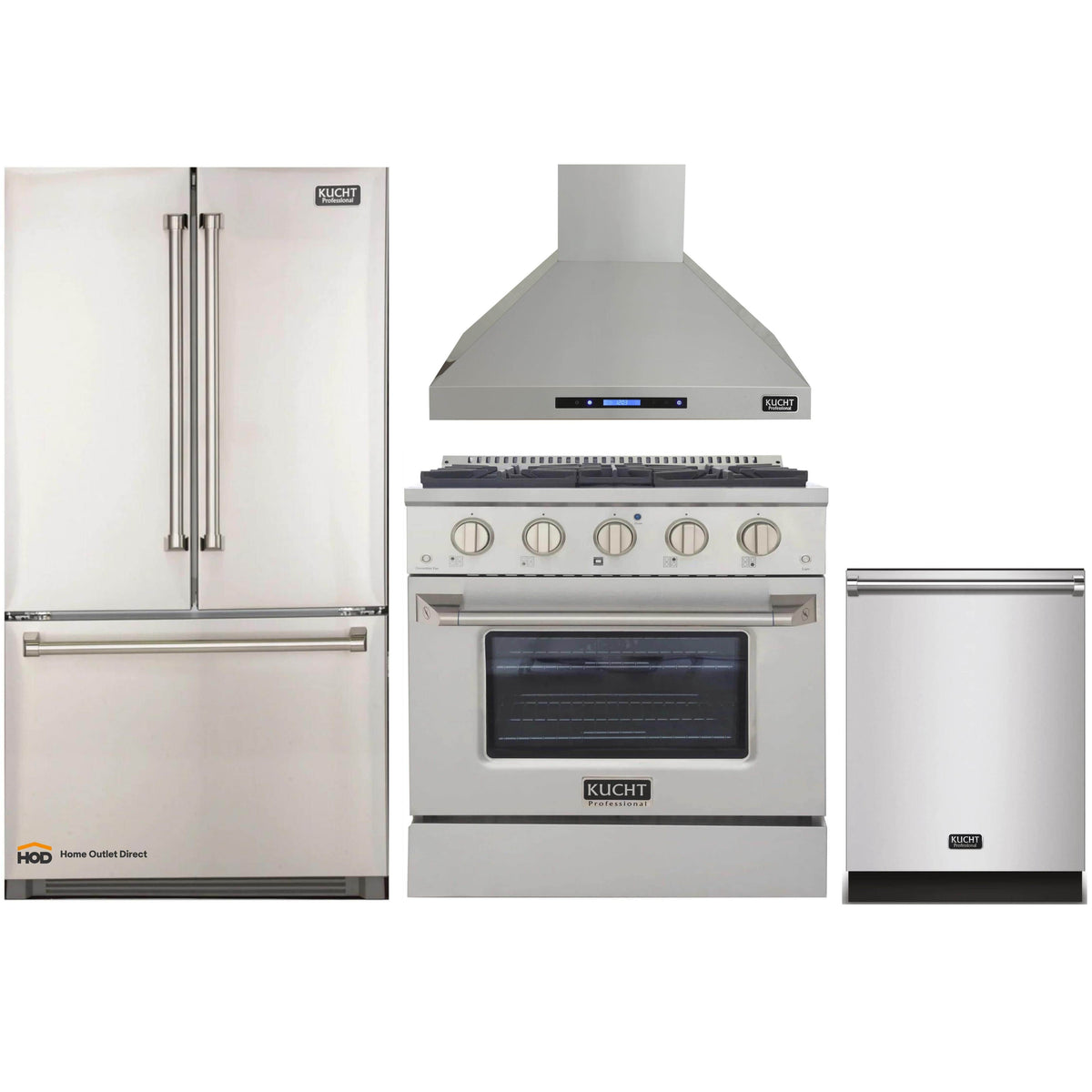 Kucht 4-Piece Appliance Package - 30-Inch Dual Fuel Range, Refrigerator, Wall Mount Hood, & Dishwasher in Stainless Steel - MyBBQDirect