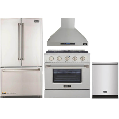 Kucht 4-Piece Appliance Package - 30-Inch Dual Fuel Range, Refrigerator, Wall Mount Hood, & Dishwasher in Stainless Steel - MyBBQDirect