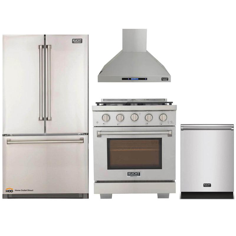 Kucht 4-Piece Appliance Package - 30-Inch Gas Range, Refrigerator, Wall Mount Hood, & Dishwasher in Stainless Steel