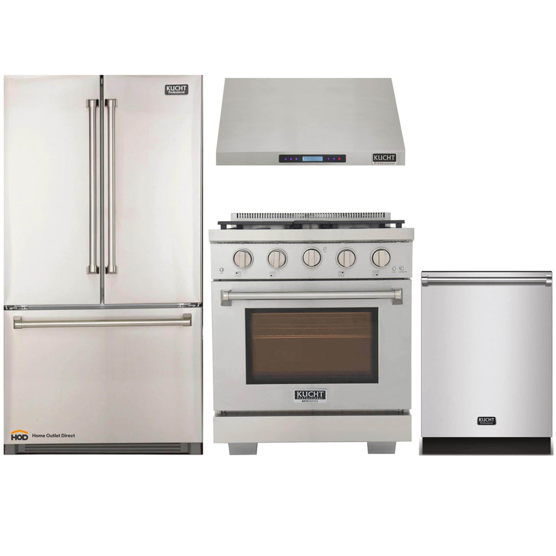 Kucht 4-Piece Appliance Package - 30-Inch Gas Range, Refrigerator, Under Cabinet Hood, & Dishwasher in Stainless Steel