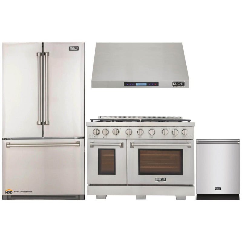 Kucht 4-Piece Appliance Package - 48-Inch Gas Range, Refrigerator, Under Cabinet Hood, & Dishwasher in Stainless Steel