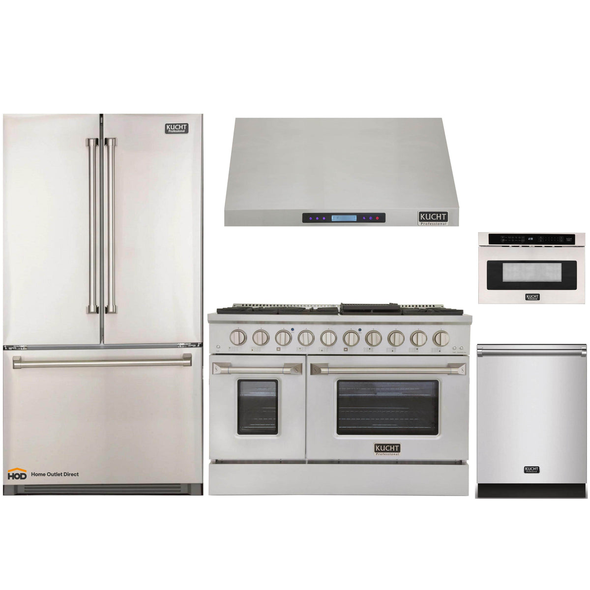 Kucht 5-Piece Appliance Package - 48-Inch Dual Fuel Range, Refrigerator, Under Cabinet Hood, Dishwasher, & Microwave Drawer in Stainless Steel - MyBBQDirect