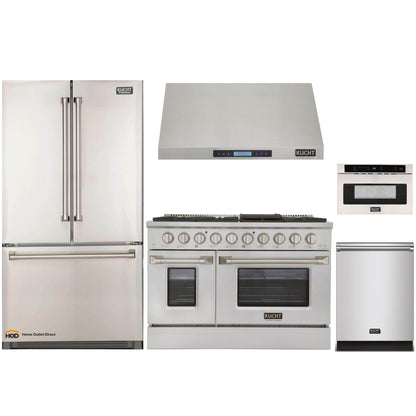 Kucht 5-Piece Appliance Package - 48-Inch Dual Fuel Range, Refrigerator, Under Cabinet Hood, Dishwasher, & Microwave Drawer in Stainless Steel - MyBBQDirect