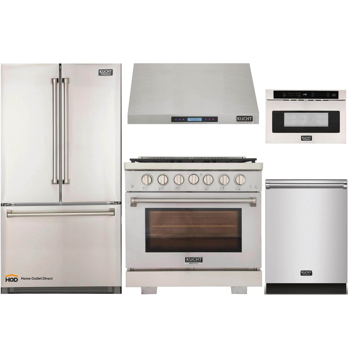 Kucht 5-Piece Appliance Package - 36-Inch Gas Range, Refrigerator, Under Cabinet Hood, Dishwasher, & Microwave Drawer in Stainless Steel - MyBBQDirect