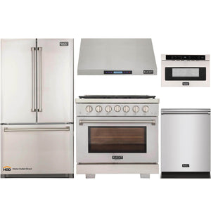 Kucht 5-Piece Appliance Package - 36-Inch Gas Range, Refrigerator, Under Cabinet Hood, Dishwasher, & Microwave Drawer in Stainless Steel - MyBBQDirect