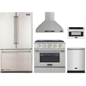 Kucht 5-Piece Appliance Package - 30-Inch Gas Range, Refrigerator, Wall Mount Hood, Dishwasher, & Microwave Drawer in Stainless Steel - MyBBQDirect