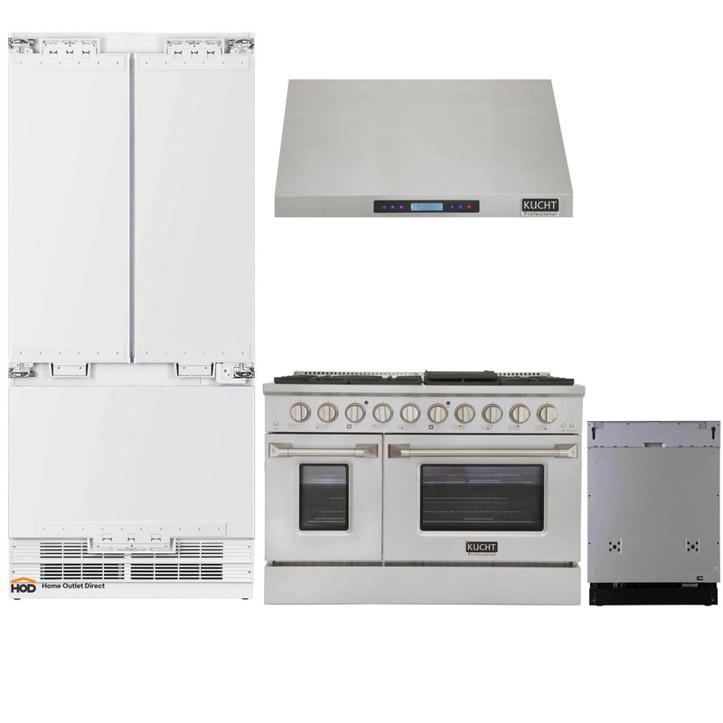 Kucht 4-Piece Appliance Package - 48" Dual Fuel Range, 36" Panel Ready Refrigerator, Under Cabinet Hood, & Panel Ready Dishwasher