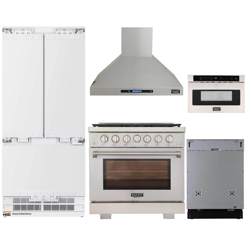 Kucht 5-Piece Appliance Package - 36-Inch Gas Range, 36-Inch Panel Ready Refrigerator, Wall Mount Hood, Panel Ready Dishwasher, & Microwave Drawer