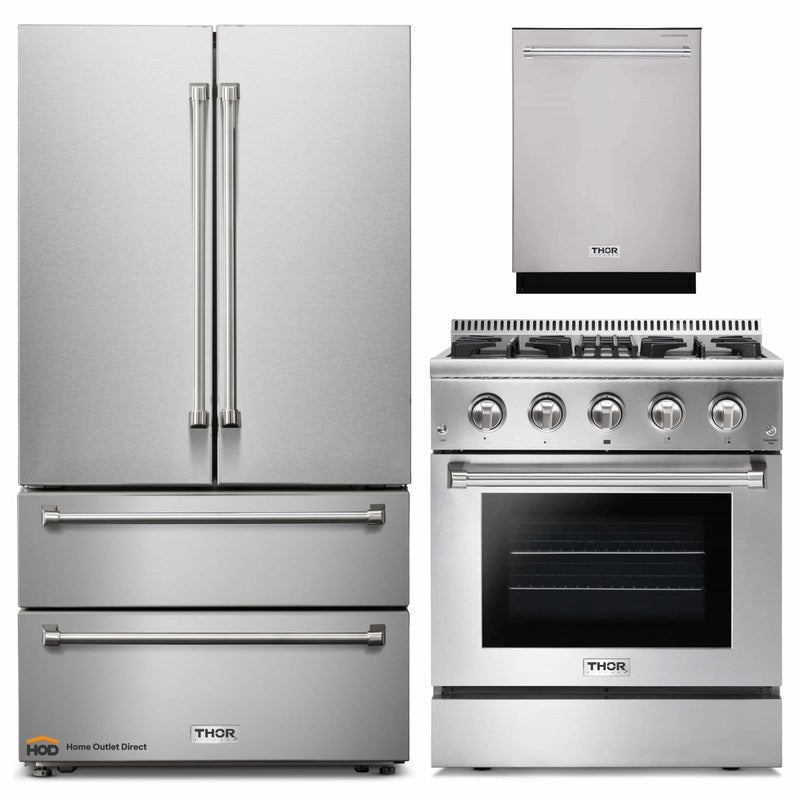 Thor Kitchen 3-Piece Pro Appliance Package - 30-Inch Dual Fuel Range, Dishwasher & Refrigerator in Stainless Steel