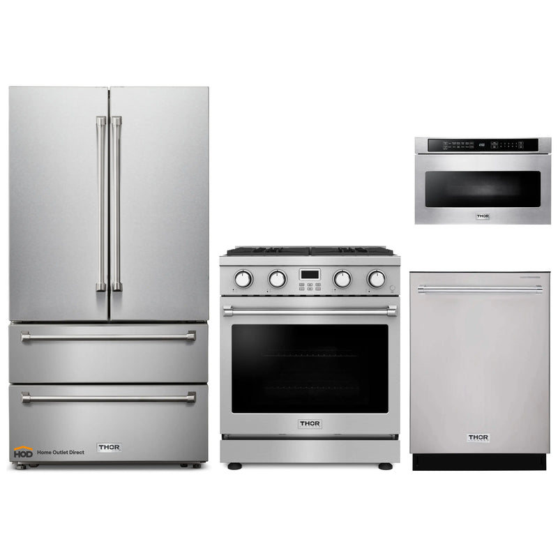 Thor Kitchen 4-Piece Appliance Package - 30-Inch Gas Range, Refrigerator, Dishwasher, and Microwave in Stainless Steel