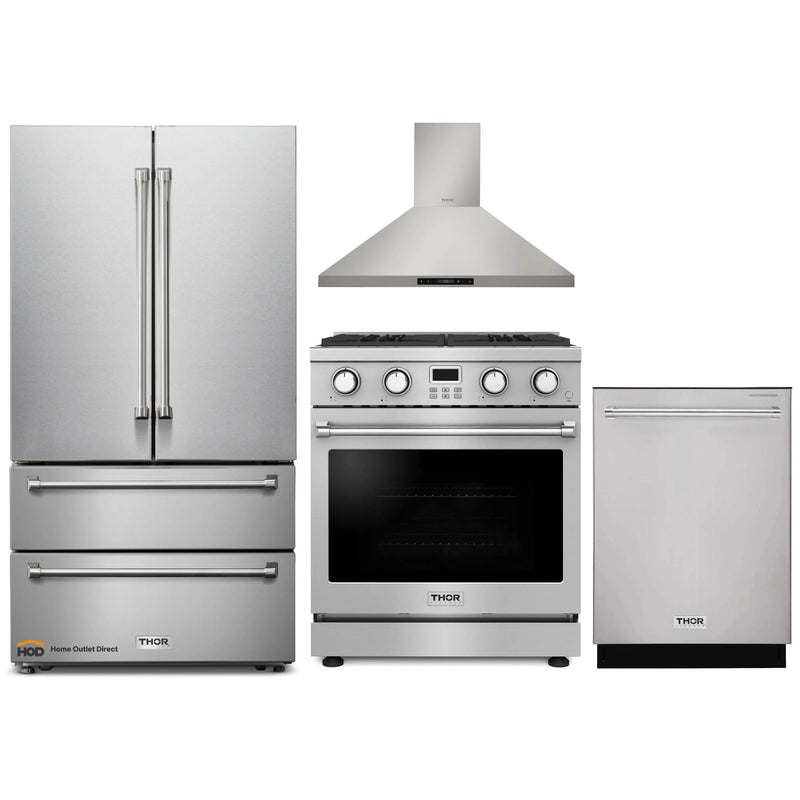 Thor Kitchen 4-Piece Appliance Package - 30-Inch Gas Range, Wall Mount Range Hood, Refrigerator, and Dishwasher in Stainless Steel