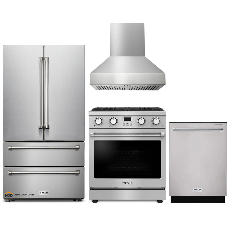 Thor Kitchen 4-Piece Appliance Package - 30-Inch Gas Range, Pro-Style Wall Mount Range Hood, Refrigerator, and Dishwasher in Stainless Steel