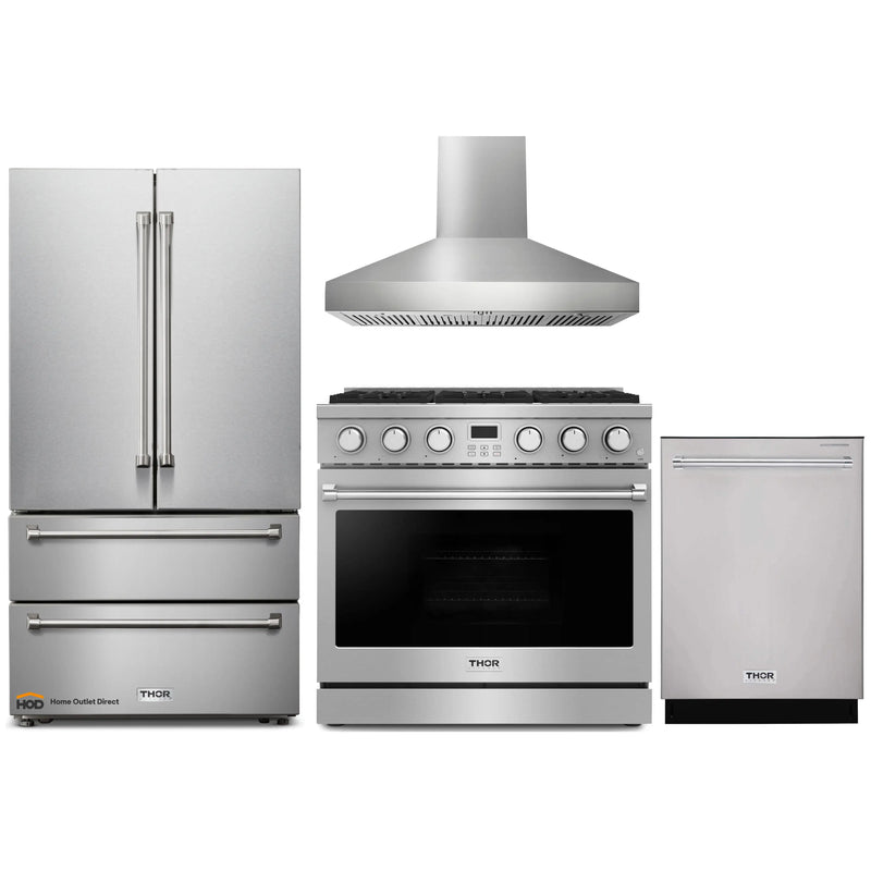 Thor Kitchen 4-Piece Appliance Package - 36-Inch Gas Range, Pro-Style Wall Mount Range Hood, Refrigerator, and Dishwasher in Stainless Steel