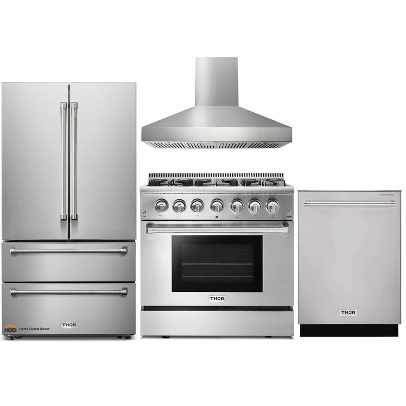 Thor Kitchen 4-Piece Pro Appliance Package - 36-Inch Dual Fuel Range, French Door Refrigerator, Pro-Style Wall Mount Hood and Dishwasher in Stainless Steel