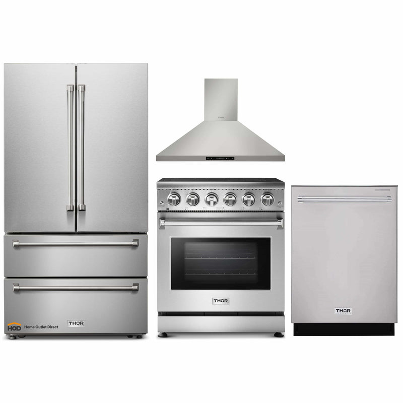 Thor Kitchen 4-Piece Appliance Package - 30-Inch Electric Range, French Door Refrigerator, Wall Mount Hood, and Dishwasher in Stainless Steel