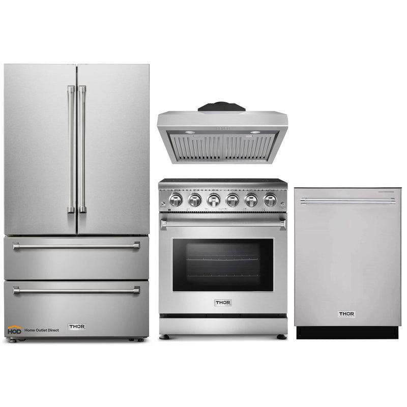 Thor Kitchen 4-Piece Appliance Package - 30-Inch Electric Range, French Door Refrigerator, Under Cabinet Hood, and Dishwasher in Stainless Steel