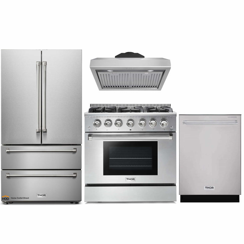 Thor Kitchen 4-Piece Pro Appliance Package - 36-Inch Gas Range, French Door Refrigerator, Under Cabinet Hood and Dishwasher in Stainless Steel