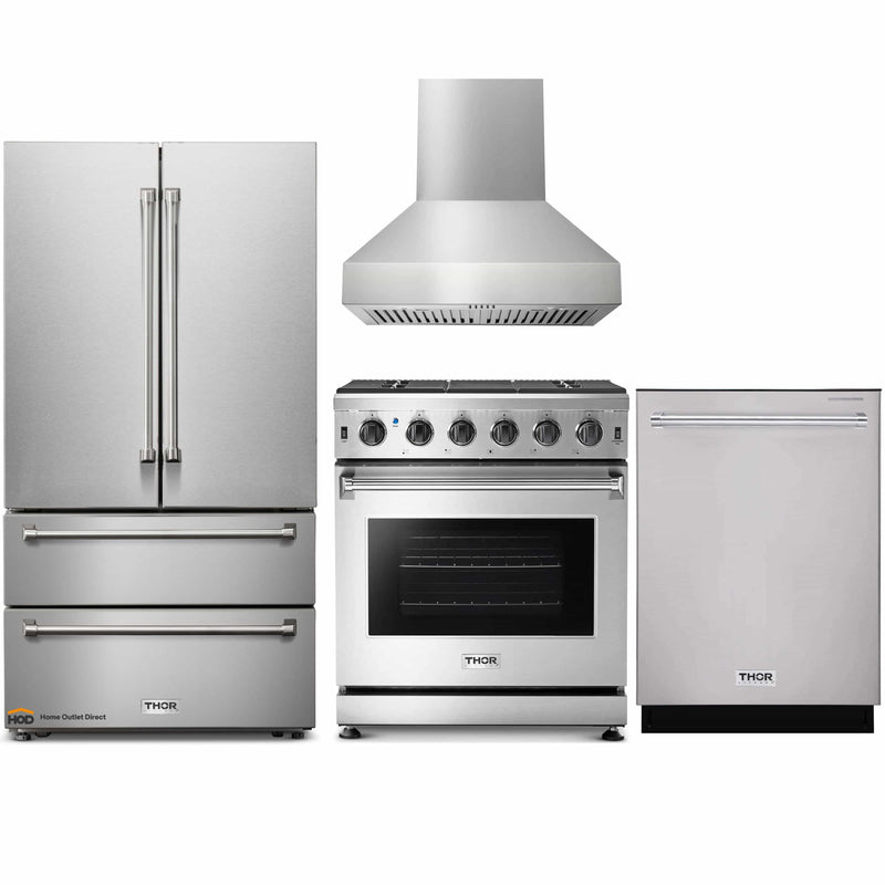 Thor Kitchen 4-Piece Appliance Package - 30-Inch Gas Range, French Door Refrigerator, Pro-Style Wall Mount Hood, and Dishwasher in Stainless Steel