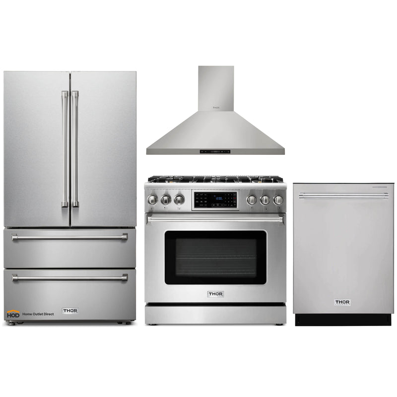 Thor Kitchen 4-Piece Appliance Package - 36-Inch Gas Range with Tilt Panel, French Door Refrigerator, Wall Mount Hood, and Dishwasher in Stainless Steel