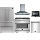 Forno 5-Piece Pro Appliance Package - 36-Inch Gas Range, Refrigerator, Wall Mount Hood, Microwave Drawer, & 3-Rack Dishwasher in Stainless Steel