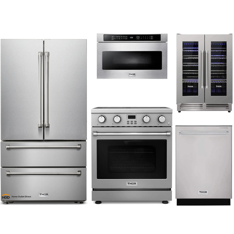 Thor Kitchen 5-Piece Appliance Package - 30-Inch Electric Range, Refrigerator, Dishwasher, Microwave, and Wine Cooler in Stainless Steel