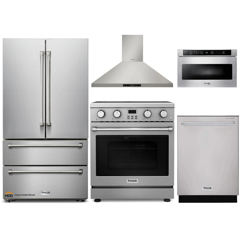 Thor Kitchen 5-Piece Appliance Package - 30-Inch Electric Range, Wall Mount Range Hood, Refrigerator, Dishwasher, and Microwave in Stainless Steel