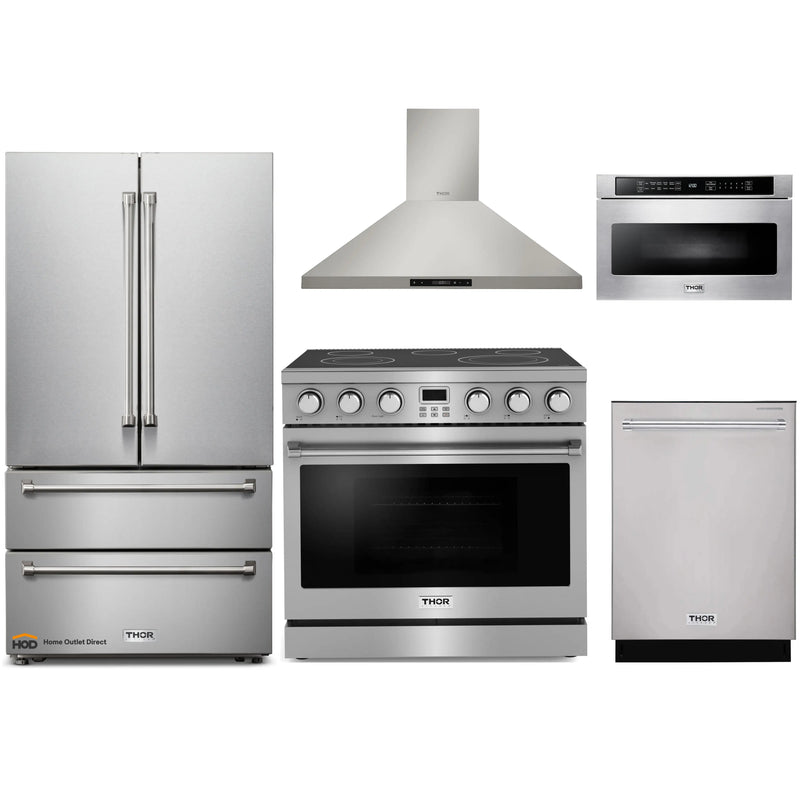 Thor Kitchen 5-Piece Appliance Package - 36-Inch Electric Range, Wall Mount Range Hood, Refrigerator, Dishwasher, and Microwave in Stainless Steel