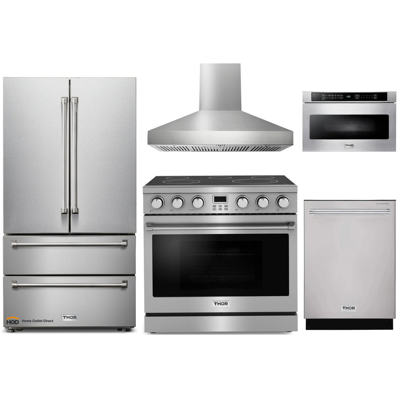 Thor Kitchen 5-Piece Appliance Package - 36-Inch Electric Range, Pro-Style Wall Mount Range Hood, Refrigerator, Dishwasher, and Microwave in Stainless Steel