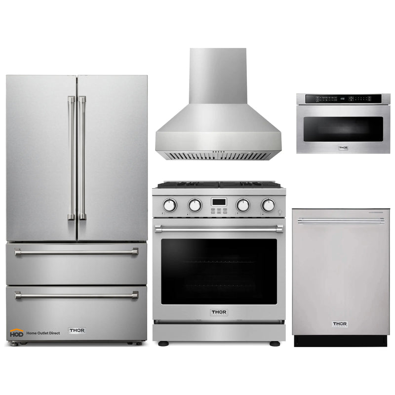 Thor Kitchen 5-Piece Appliance Package - 30-Inch Gas Range, Pro-Style Wall Mount Range Hood, Refrigerator, Dishwasher, and Microwave in Stainless Steel