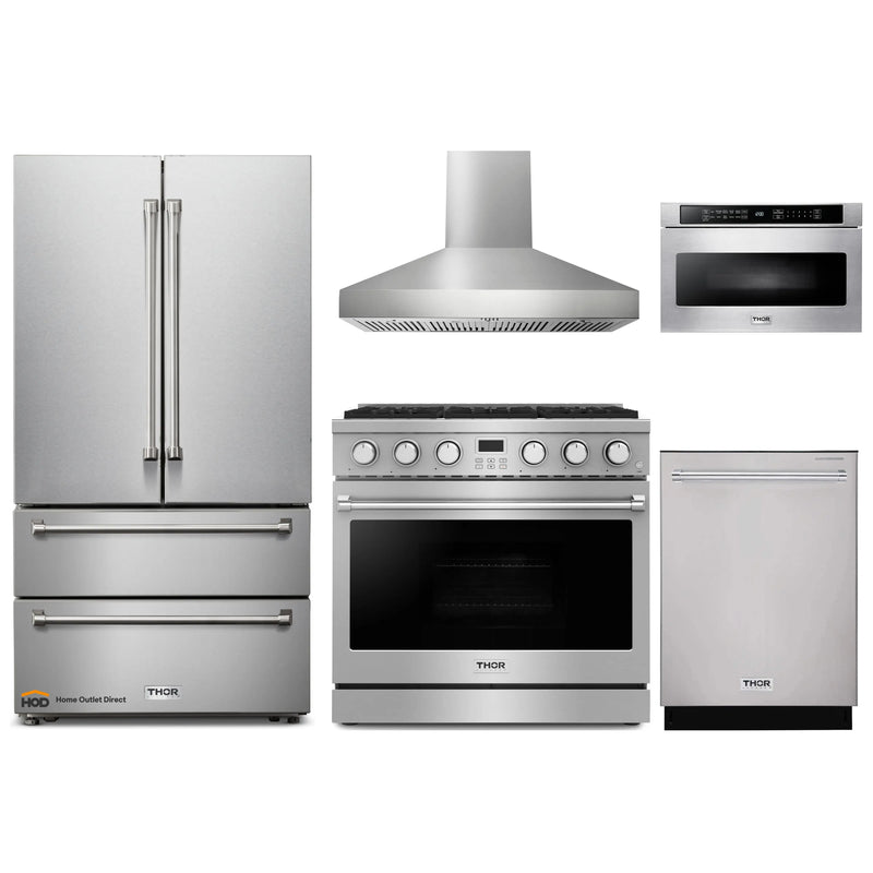 Thor Kitchen 5-Piece Appliance Package - 36-Inch Gas Range, Pro-Style Wall Mount Range Hood, Refrigerator, Dishwasher, and Microwave in Stainless Steel