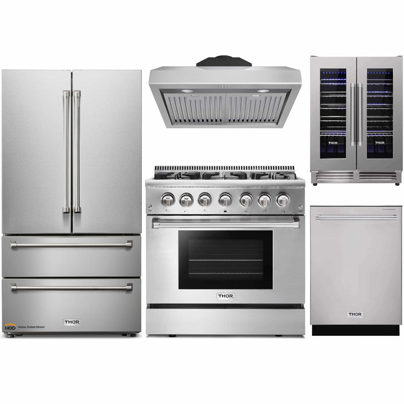 Thor Kitchen 5-Piece Pro Appliance Package - 36-Inch Dual Fuel Range, French Door Refrigerator, Under Cabinet Hood, Dishwasher, and Wine Cooler in Stainless Steel