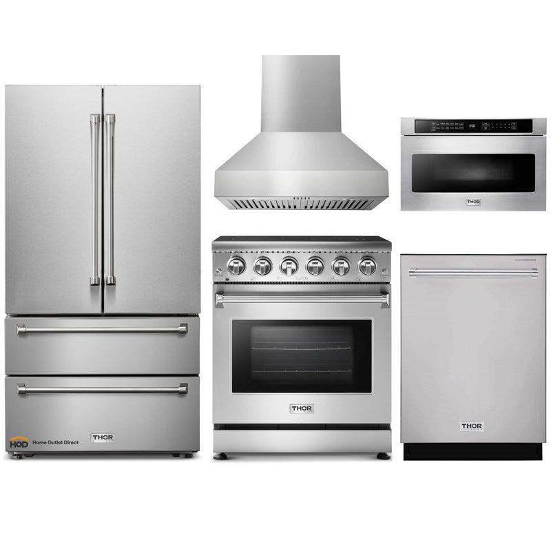 Thor Kitchen 5-Piece Appliance Package - 30-Inch Electric Range, French Door Refrigerator, Pro-Style Wall Mount Hood, Dishwasher, and Microwave Drawer in Stainless Steel