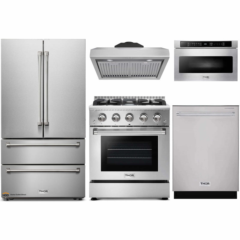 Thor Kitchen 5-Piece Pro Appliance Package - 30-Inch Gas Range, French Door Refrigerator, Under Cabinet Hood, Dishwasher, and Microwave Drawer in Stainless Steel