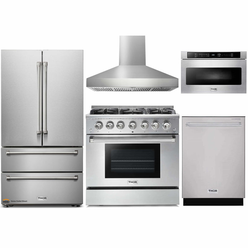 Thor Kitchen 5-Piece Pro Appliance Package - 36-Inch Gas Range, French Door Refrigerator, Pro-Style Wall Mount Hood, Dishwasher, and Microwave Drawer in Stainless Steel