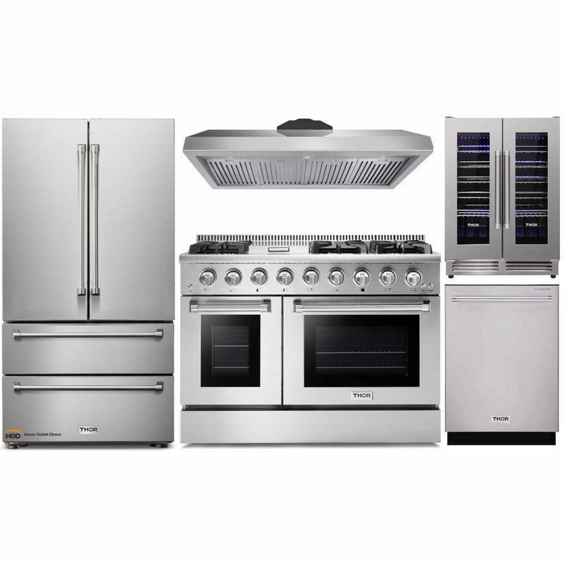 Thor Kitchen 5-Piece Pro Appliance Package - 48-Inch Gas Range, French Door Refrigerator, Dishwasher, Under Cabinet 11-Inch Tall Hood & Wine Cooler in Stainless Steel