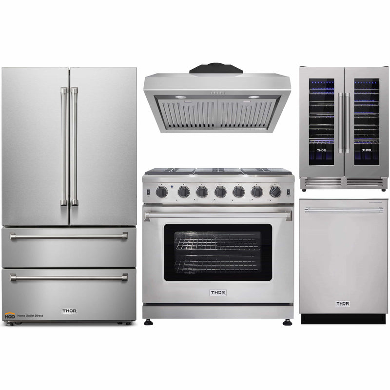 Thor Kitchen 5-Piece Appliance Package - 36-Inch Gas Range, French Door Refrigerator, Under Cabinet Hood, Dishwasher, and Wine Cooler in Stainless Steel