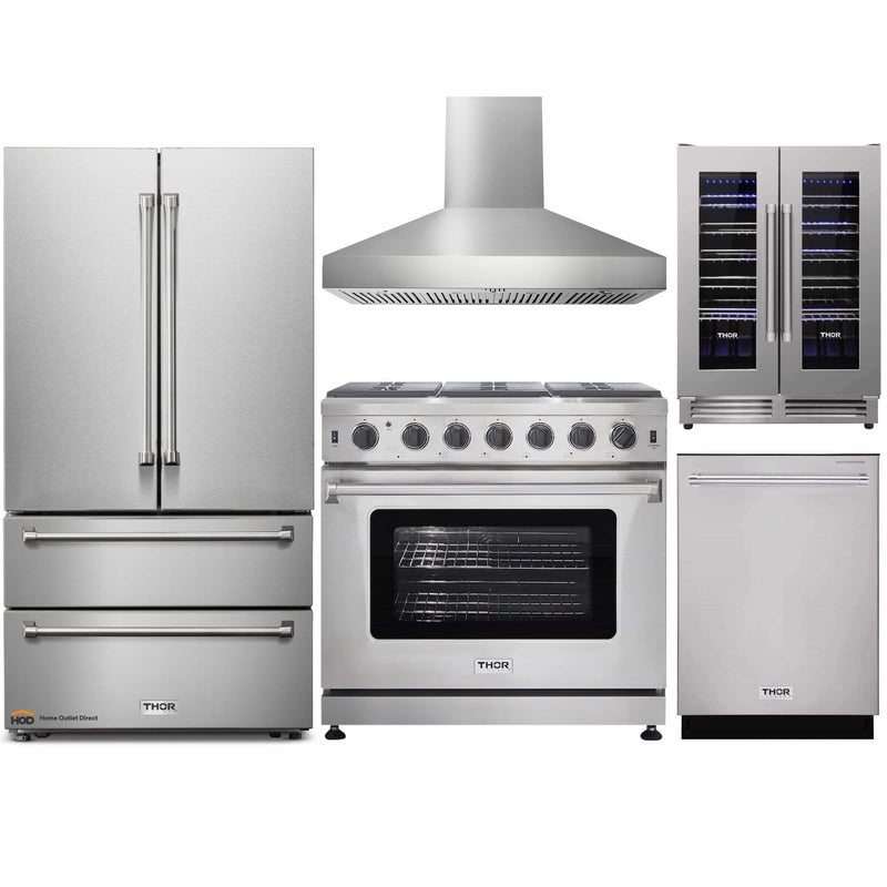 Thor Kitchen 5-Piece Appliance Package - 36-Inch Gas Range, French Door Refrigerator, Wall Mount Hood, Dishwasher, and Wine Cooler in Stainless Steel