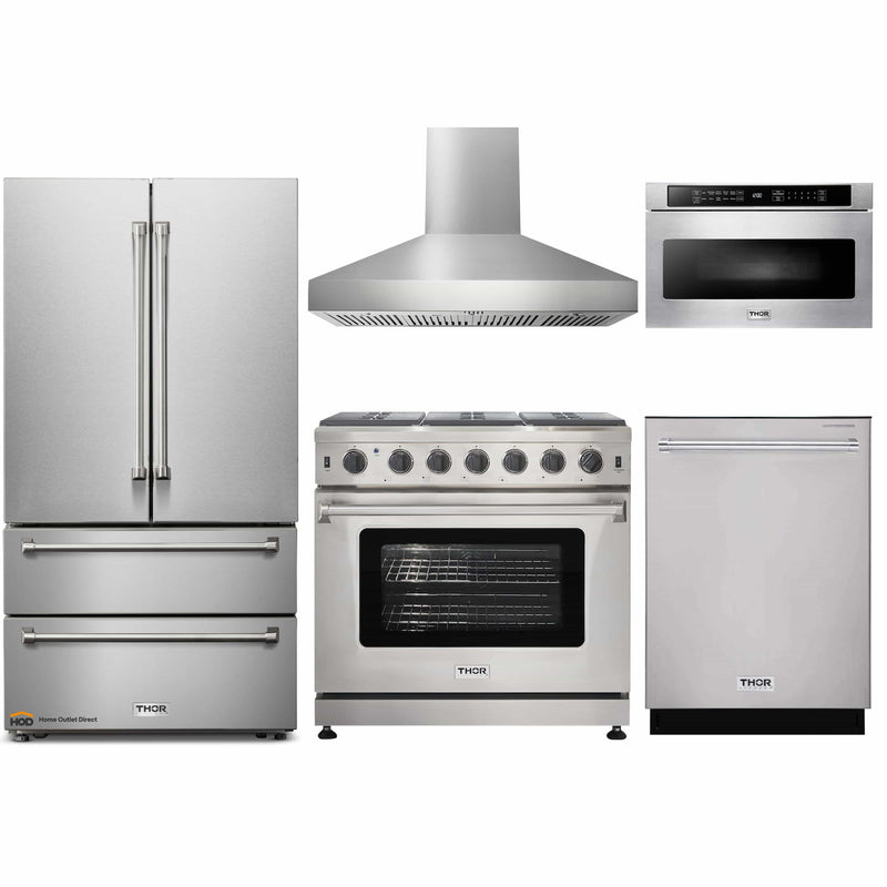 Thor Kitchen 5-Piece Appliance Package - 36-Inch Gas Range, French Door Refrigerator, Pro-Style Wall Mount Hood, Dishwasher, and Microwave Drawer in Stainless Steel