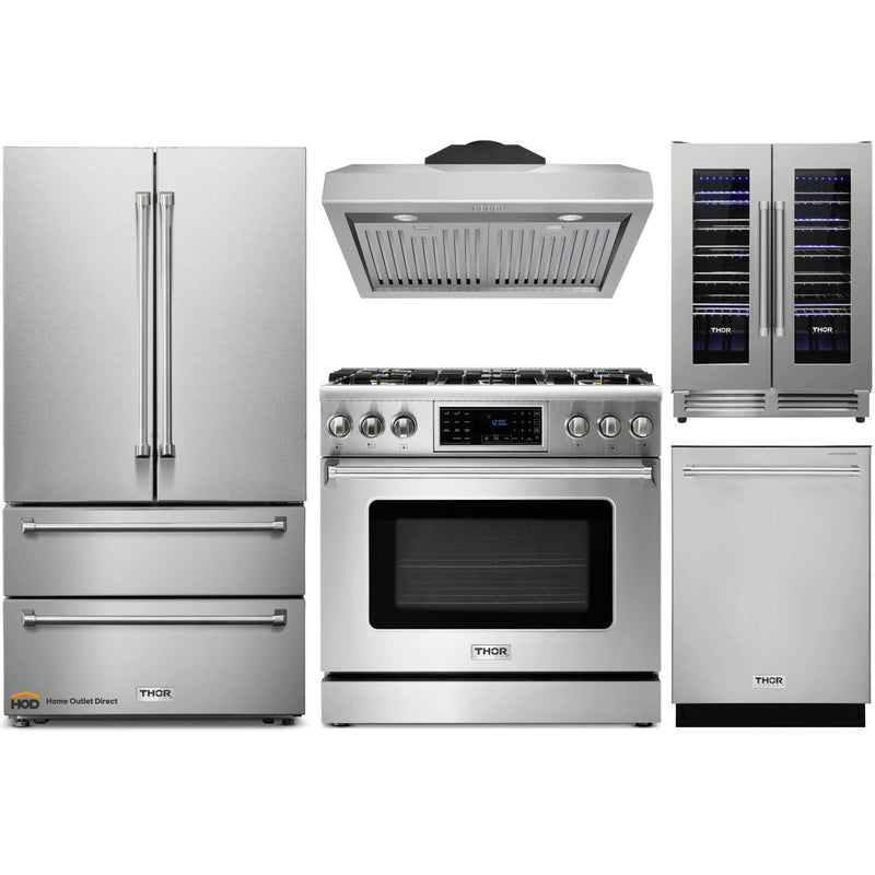 Thor Kitchen 5-Piece Appliance Package - 36-Inch Gas Range with Tilt Panel, French Door Refrigerator, Under Cabinet Hood, Dishwasher, and Wine Cooler in Stainless Steel