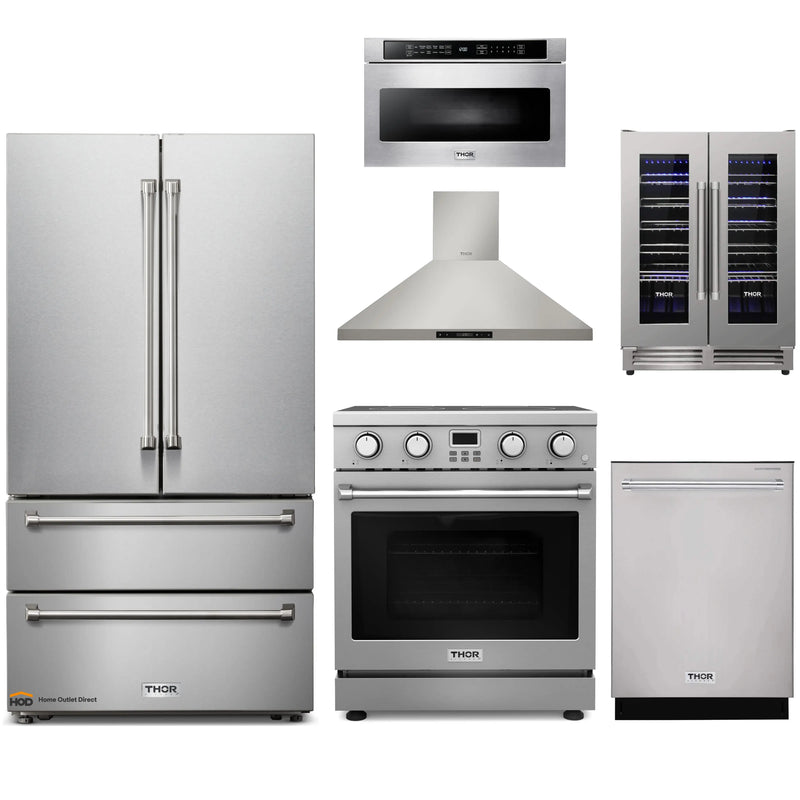 Thor Kitchen 6-Piece Appliance Package - 30-Inch Electric Range, Wall Mount Range Hood, Refrigerator, Dishwasher, Microwave, and Wine Cooler in Stainless Steel