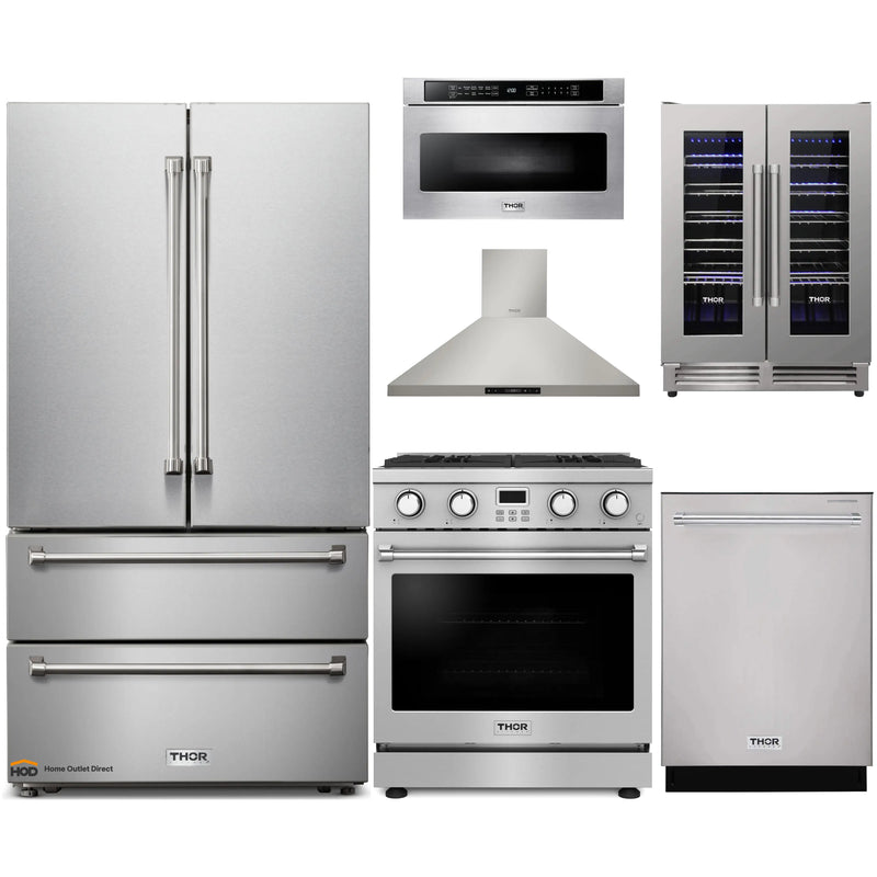 Thor Kitchen 6-Piece Appliance Package - 30-Inch Gas Range, Wall Mount Range Hood, Refrigerator, Dishwasher, Microwave, and Wine Cooler in Stainless Steel