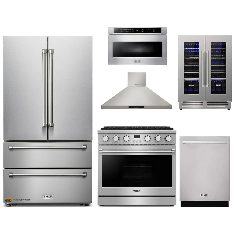 Thor Kitchen 6-Piece Appliance Package - 36-Inch Gas Range, Wall Mount Range Hood, Refrigerator, Dishwasher, Microwave, and Wine Cooler in Stainless Steel