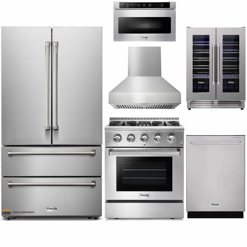 Thor Kitchen 6-Piece Pro Appliance Package - 30-Inch Dual Fuel Range, French Door Refrigerator, Pro-Style Wall Mount Hood, Dishwasher, Microwave Drawer, & Wine Cooler in Stainless Steel